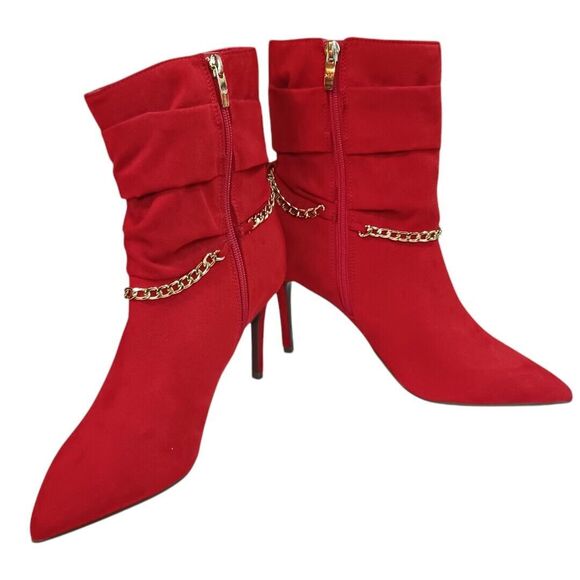 NWOT Marc Fisher Red Suede Ankle Boots 8.5 Gold Chain Stiletto Heels Bold Fierce - Picture 3 of 10
